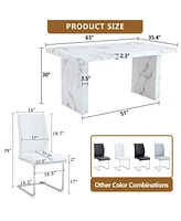 White Marble Dining Set - 6 Pu Chairs, Silver Legs