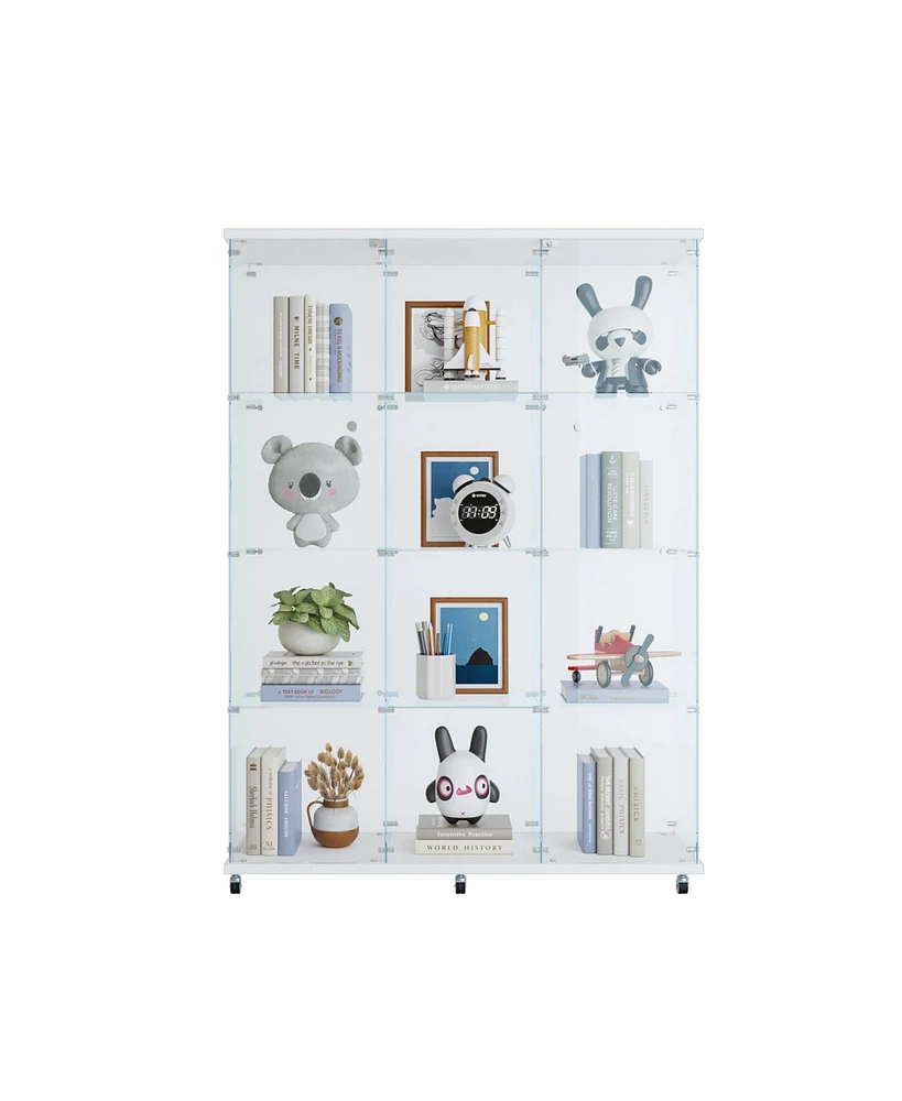 3 Door Glass Cabinet Glass Display Cabinet with 4 Shelves, White