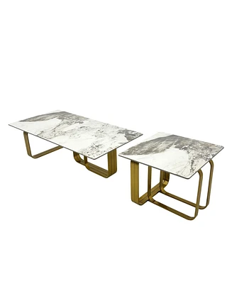 Sintered Stone Coffee Table Set, Gold Frame