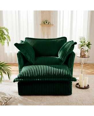 Green Corduroy Armchair Set with Ottoman