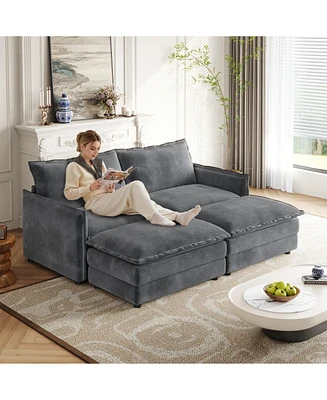 Corduroy 2-Seater Sofa with Footrests & Cushions