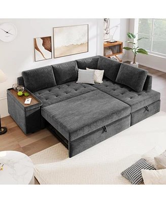 Mirod 91.5-Inch L Shaped Couch with Pull Out Bed and Storage Sectional Sleeper Sofa with Hidden Storage, Wide Armrest with storage,for Living Room, Ap