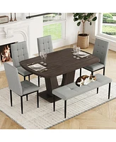 V-Leg Faux Marble Dining Set for 6 with 4 Chairs & Bench