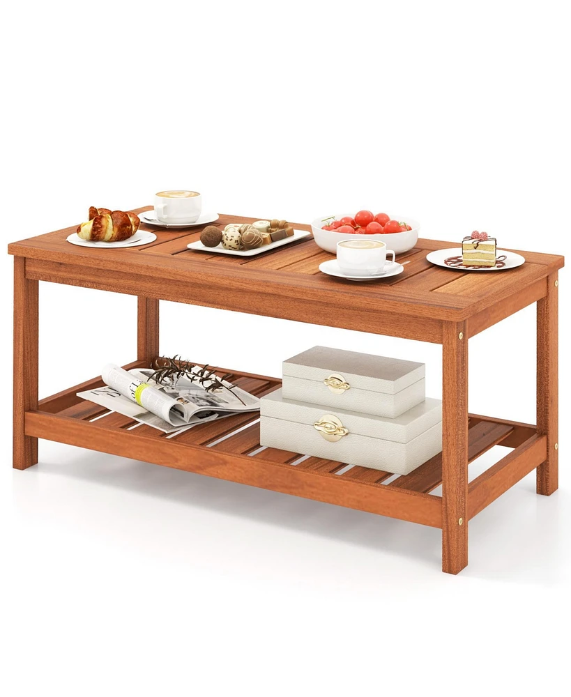 2-Tier Patio Coffee Table with Slatted Tabletop and Shelf