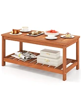 2-Tier Patio Coffee Table with Slatted Tabletop and Shelf