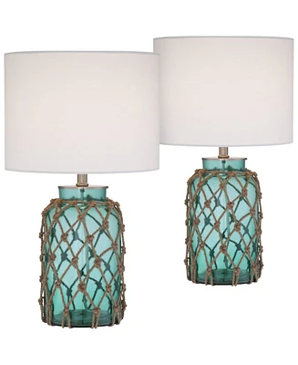 Crosby Cottage Nautical Accent Table Lamps 22.5" High Set of 2 Natural Coastal Blue Green Rope Net Off White Drum Shade Decor for Living Room Bed