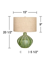 Gordy Mid Century Modern Accent Table Lamps 20 1/2" Tall Set of 2 Green Ribbed Ceramic Oatmeal Fabric Drum Shade for Bedroom Living Family Room B
