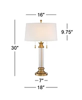 Rolland Traditional Table Lamps 30" Tall Set of 2 Clear Glass Antique Brass Gold Off-White Fabric Drum Shade for Bedroom Living Family Room Bedsi