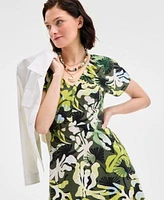 On 34th Womens Leaf Print Midi Dress Catryn Slide Flat Sandals Layered Pendant Necklace Exclusively At Macys
