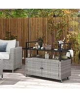 Outdoor Bar Cart Wicker Buffet Serving Cart with Cabinet and 8 Hooks-Gray