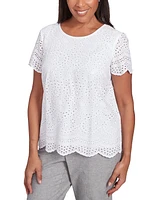 Alfred Dunner Petite Cotton Eyelet Scalloped Short-Sleeve Top