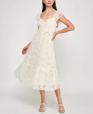 Row A Juniors' Sweetheart-Neck Flutter-Sleeve Lace Dress