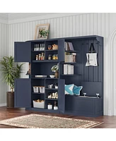 Antique Blue Hall Tree Cabinet w/ Storage & Hooks