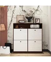 Shoe Storage Cabinet: 4 Flip Drawers, Wooden Handles, Freestanding, Anti-Tip Fitting