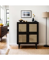4-Doors Rattan Mesh Storage Cabinet, Sideboard with Eight Storage Spaces, for Entryway, Living Room, Hallway (Black