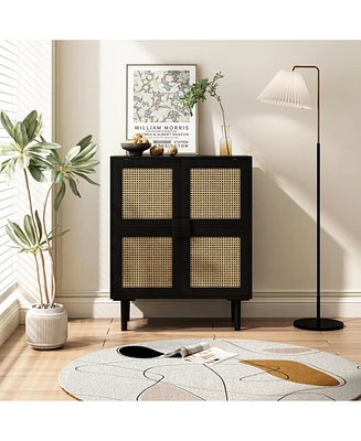 4-Doors Rattan Mesh Storage Cabinet, Sideboard with Eight Storage Spaces, for Entryway, Living Room, Hallway (Black