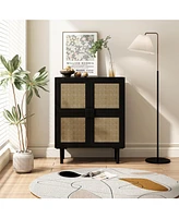 4-Doors Rattan Mesh Storage Cabinet, Sideboard with Eight Storage Spaces, for Entryway, Living Room, Hallway (Black