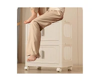White Folding Storage Cabinet, 3 Tiers, Collapsible Bins, Wheels