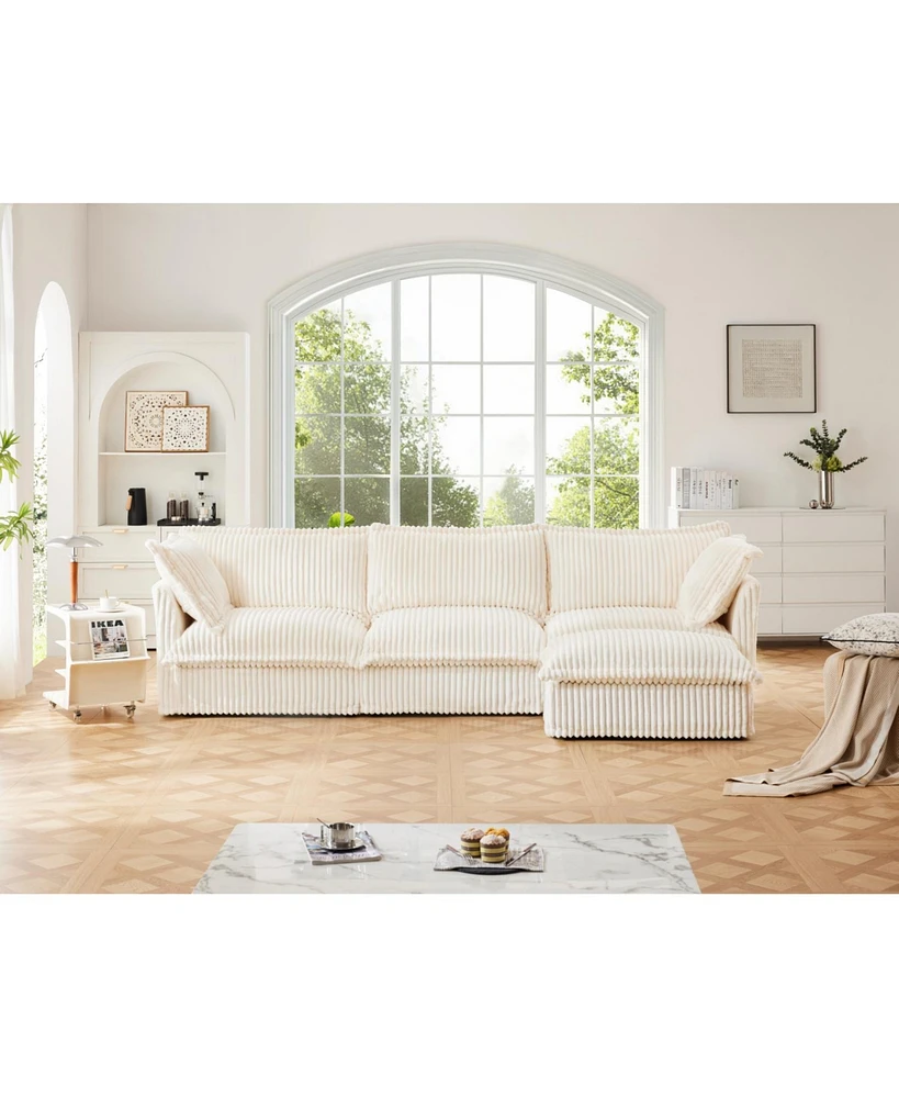 Corduroy L-Shaped Sectional Sofa with Ottoman & Pillows