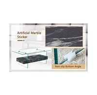 43.3" Modern Two-Tier Glass Coffee Table w/ Marble Texture & Drawer