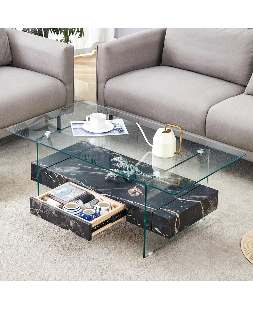 43.3" Modern Two-Tier Glass Coffee Table w/ Marble Texture & Drawer
