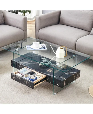 43.3" Modern Two-Tier Glass Coffee Table w/ Marble Texture & Drawer