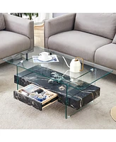 43.3" Modern Two-Tier Glass Coffee Table w/ Marble Texture & Drawer
