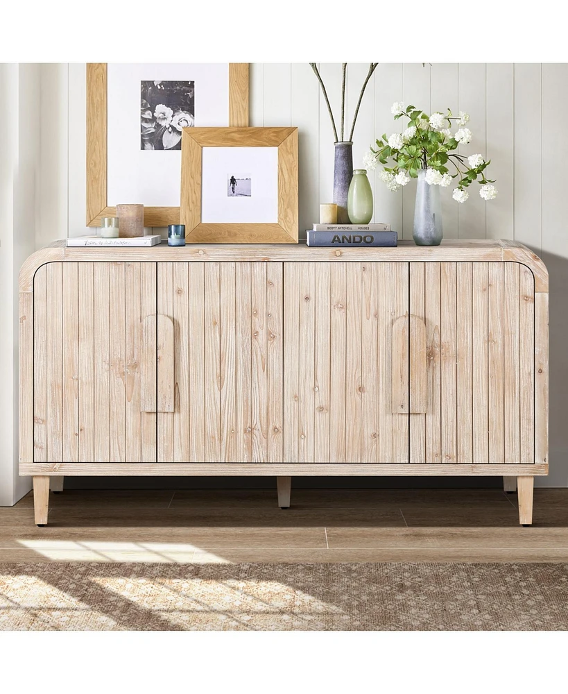 59" Farmhouse Sideboard, Vertical Grain Carving, Adjustable Shelves, Natural Wood