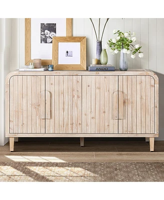 59" Farmhouse Sideboard, Vertical Grain Carving, Adjustable Shelves, Natural Wood
