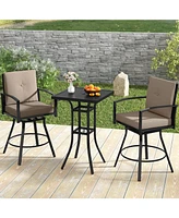 3 Pieces Patio Swivel Bar Set with Soft Cushions and Umbrella Hole