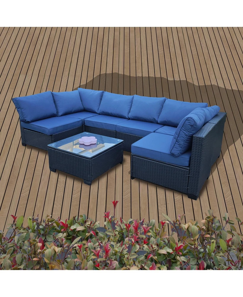 Seven-Piece Black Rattan Outdoor Sofa Set w/ Blue Cushions