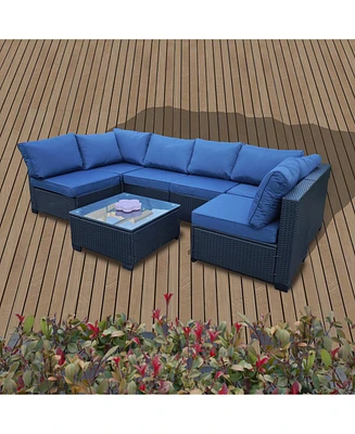 Seven-Piece Black Rattan Outdoor Sofa Set w/ Blue Cushions