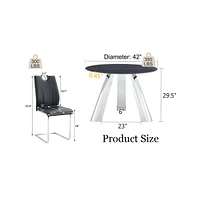 Round Table and 4 Black Chairs with Silver Metal Legs, Sintered Stone Tabletop