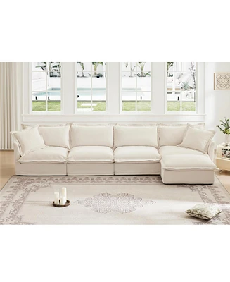 4-Seater Chenille Sectional Sofa with Armrests, Pillows, and Cream Upholstery