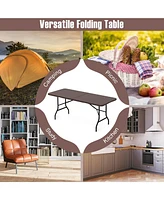 6 Feet Folding Table with Wood Grain Hdpe Tabletop and Safe Lock Mechanism-Brown