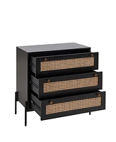 Rattan Storage Cabinet with 3 Large Drawers, Boho Mid-Century Wooden Nightstand Drawer Dresser, Sideboard Buffet Cabinet with Storage for Living Room