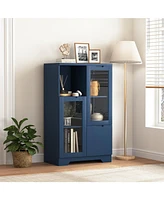 Wooden Floor Cabinet with 2 Glass Doors and 2 Storage Space, Blue Living Room Bathroom Entryway