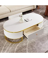 Modern Oval Coffee Table with Drawers,Curved Profile Design, Gold Metal Decor, Center Table for Living Room in 47.2"
