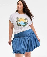On 34th Trendy Plus Size Raglan Seam Palm Print T Shirt Denim Bubble Hem Mini Skirt Exclusively At Macys