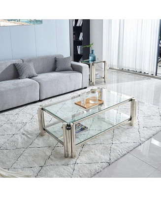 50" Stainless Steel Coffee Table with Tempered Glass and Storage