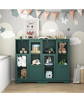 Wooden Floor Cabinet with 2 Glass Doors and 2 Storage Space, Blue Living Room Bathroom Entryway Green