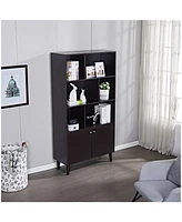 67" Bookcase with Doors, 3-tier Bookshelf, Coffee
