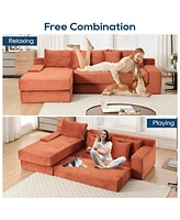 L-Shaped Corduroy Sectional Sofa Bed - Memory Foam, Steel Frame, Orange