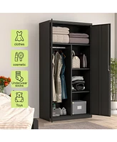 Black Metal Wardrobe Cabinet with Lockable Doors, Adjustable Shelves, and Hanging Rod