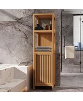 Storage Tall Slim Cabinet with Shutter Door and 3 Tier Shelves, Freestanding Linen Tower Cabinet for Living Room, Kitchen, Bathroom Organizer, Natural