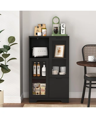 Wooden Floor Cabinet with 2 Glass Doors and 2 Storage Space, Black, Living Room Bathroom Entryway