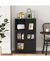 Wooden Floor Cabinet with 2 Glass Doors and 2 Storage Space, Black, Living Room Bathroom Entryway