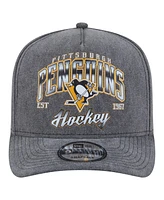 New Era Men's Charcoal Pittsburgh Penguins Throwback Washed A-Frame Pre-Curved 9FIFTY Snapback Hat