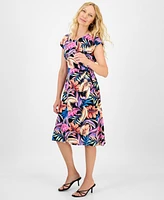 Connected Women's Printed Extended-Shoulder Midi Dress