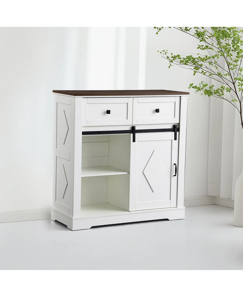 Sliding Barn Door Sideboard Cabinet with Storage and Drawers (White and Walnut)
